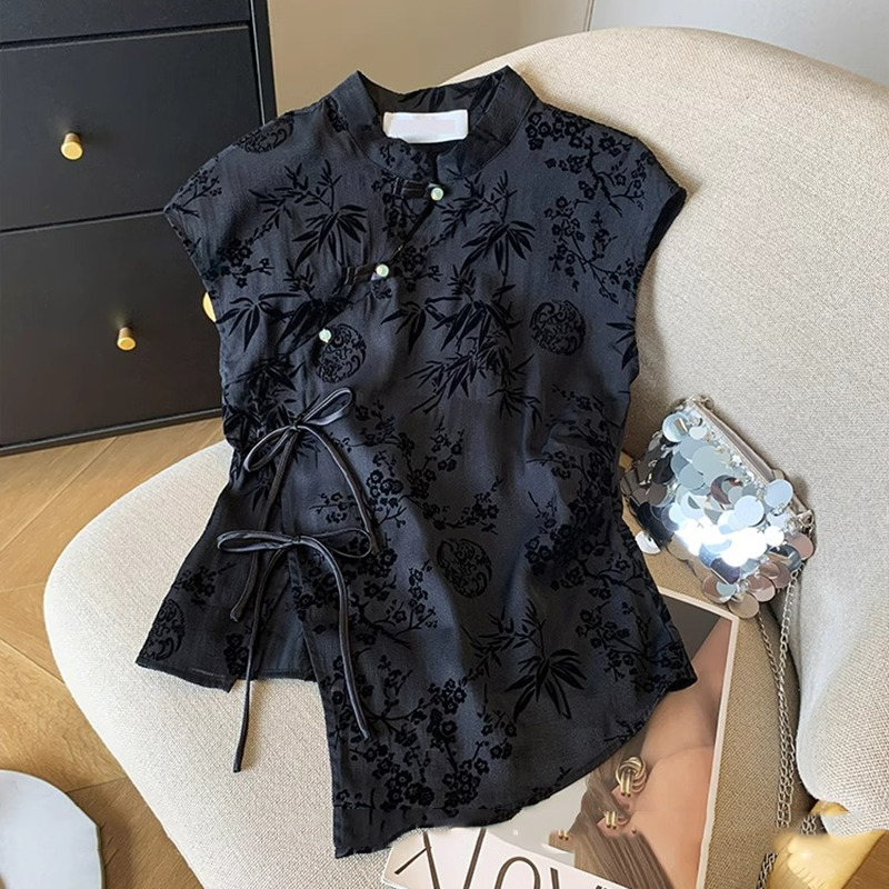 レトロ薄型シャツ新中国風のチャイナトップ黒ジャカード半袖 Tシャツ夏成熟したファッション婦人服
