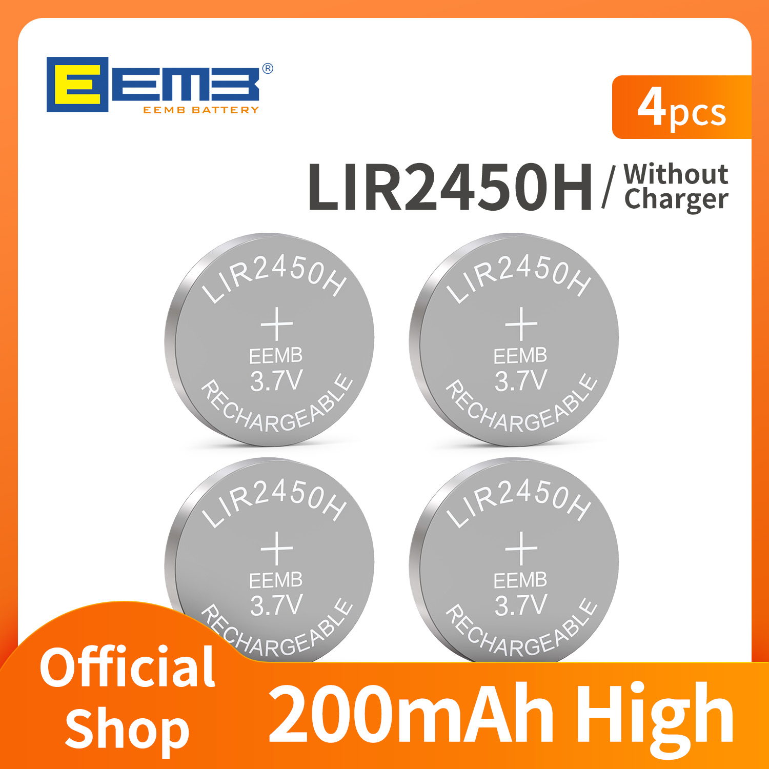 EEMB 充電式 LIR2450H 大容量 200mAh リチウム電池 2450 3.7V リチウムイオン ボタン電池、充電器付き (オプション)