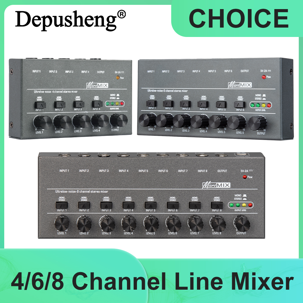 Depusheng アップグレードされた超低ノイズ 4/6/8 チャンネルラインミキサーミニサウンドミキサー電源 DC5V 簡単操作オーディオミキサー
