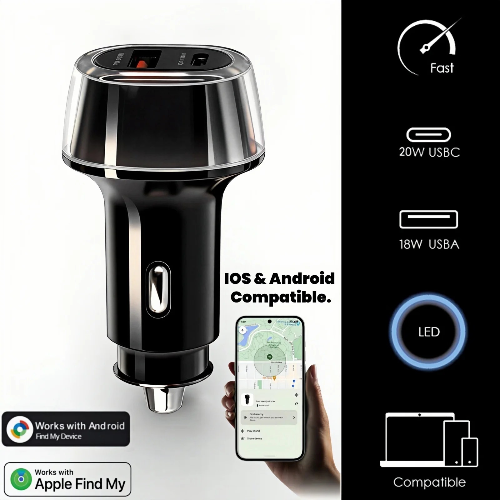 車の充電 GPS ロケーター トラッカー 30 ワット USB 電話充電器高速充電タイプ C QC3.0 iOS で動作します Find My APP、Google、Android