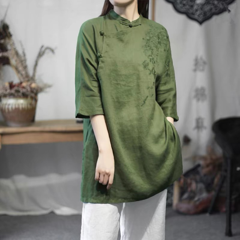 ルーズフィット中国風の芸術的なレトロな茶衣装刺繍ボタンアップシャツ女性の夏の新着コットンリネンブレンド