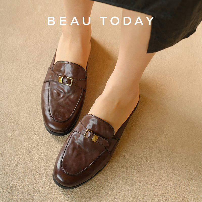 BEAUTODAY レトロミュール女性牛革ソリッドカラーラウンドトゥカジュアルスリッパ屋外フラットスリッポンレディースシューズ手作り 36377