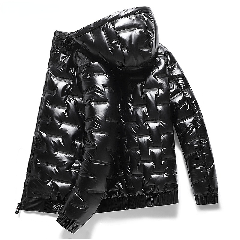 NONEAIR メンズ厚く暖かい光沢のある黒のジャケット生き抜く紳士服冬のフード付きパーカー男性ウインドブレーカーファッションサーマルコート