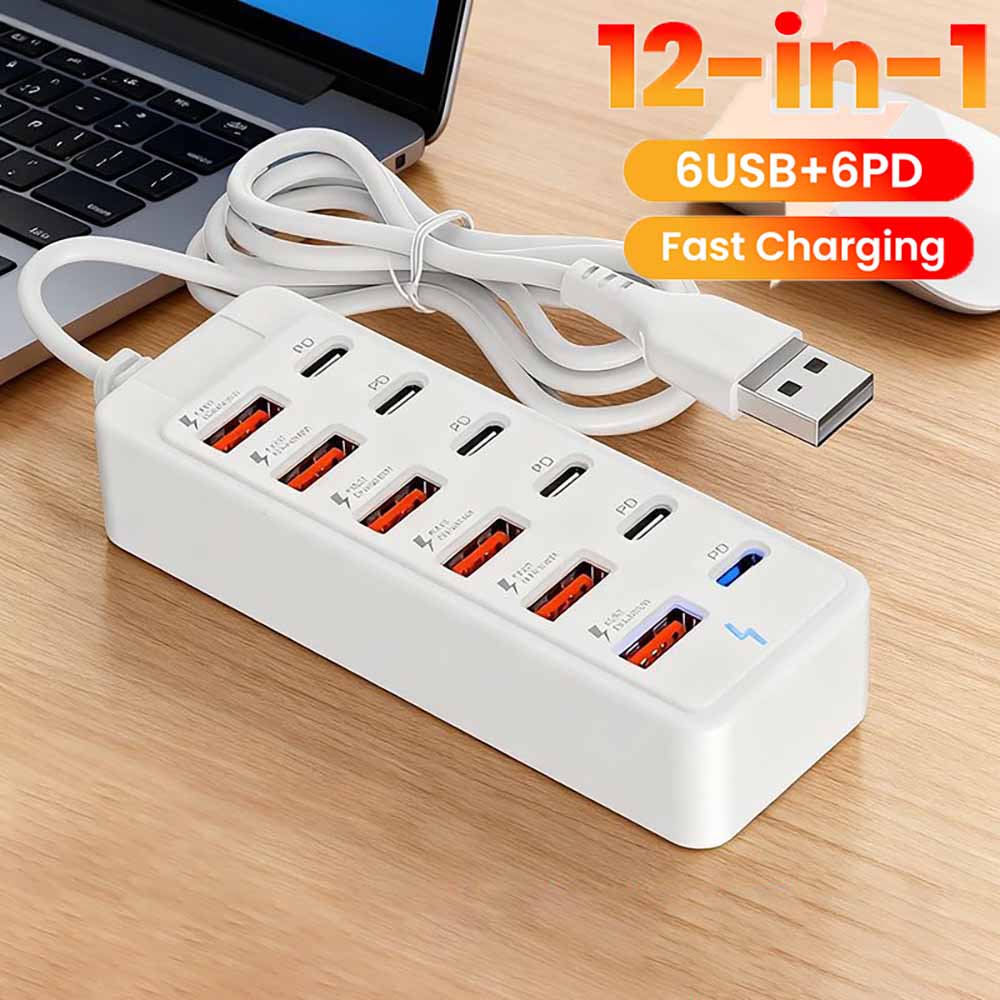 12 in 1 USB C ハブ電源タップ充電器ソケット USB2.0 高速データ転送コンバータ 6USB 6Type C 急速充電充電器アダプタ