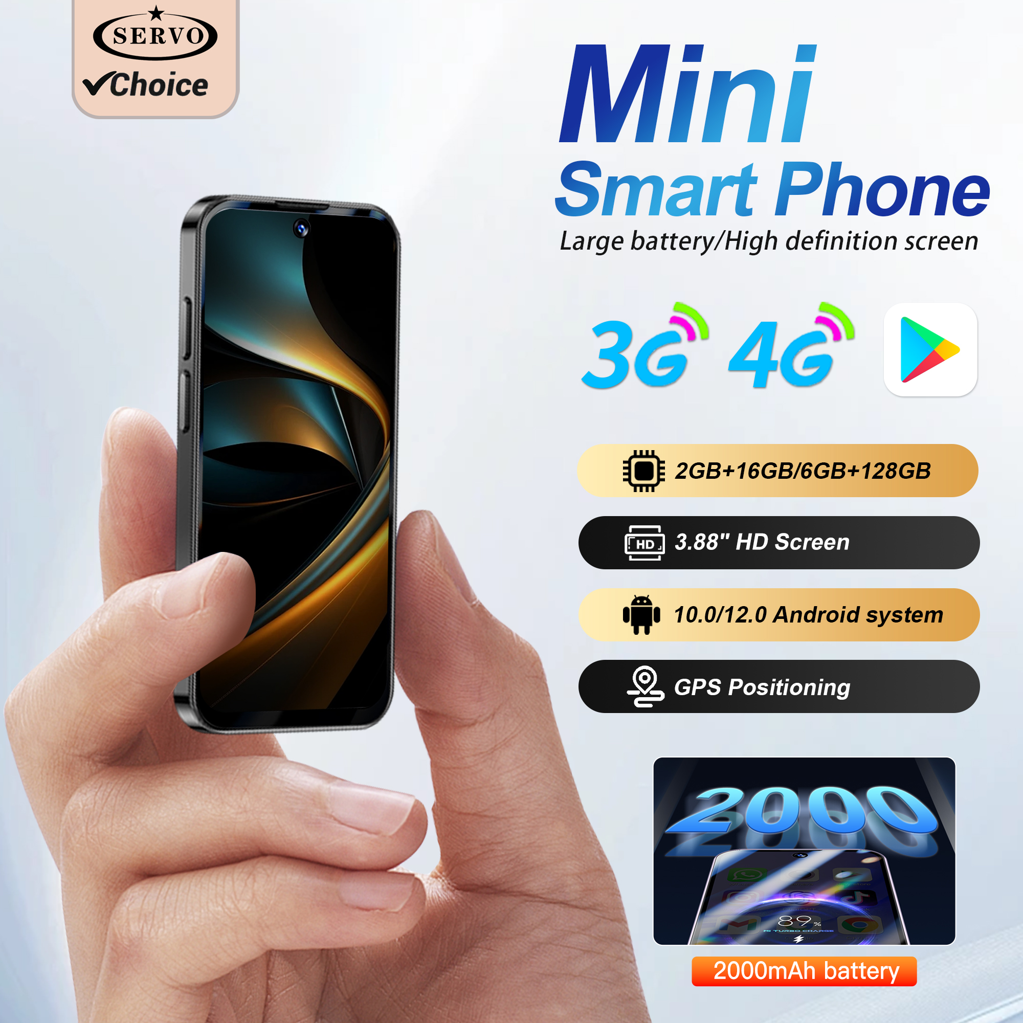 SERVO Android ミニスマートフォン、4G LTE/3G WCDMA、3.88 インチディスプレイ、6GB 128GB/2GB 16GB、2000mAh フェイスアンロック GPS WIFI 小型スマートフォン