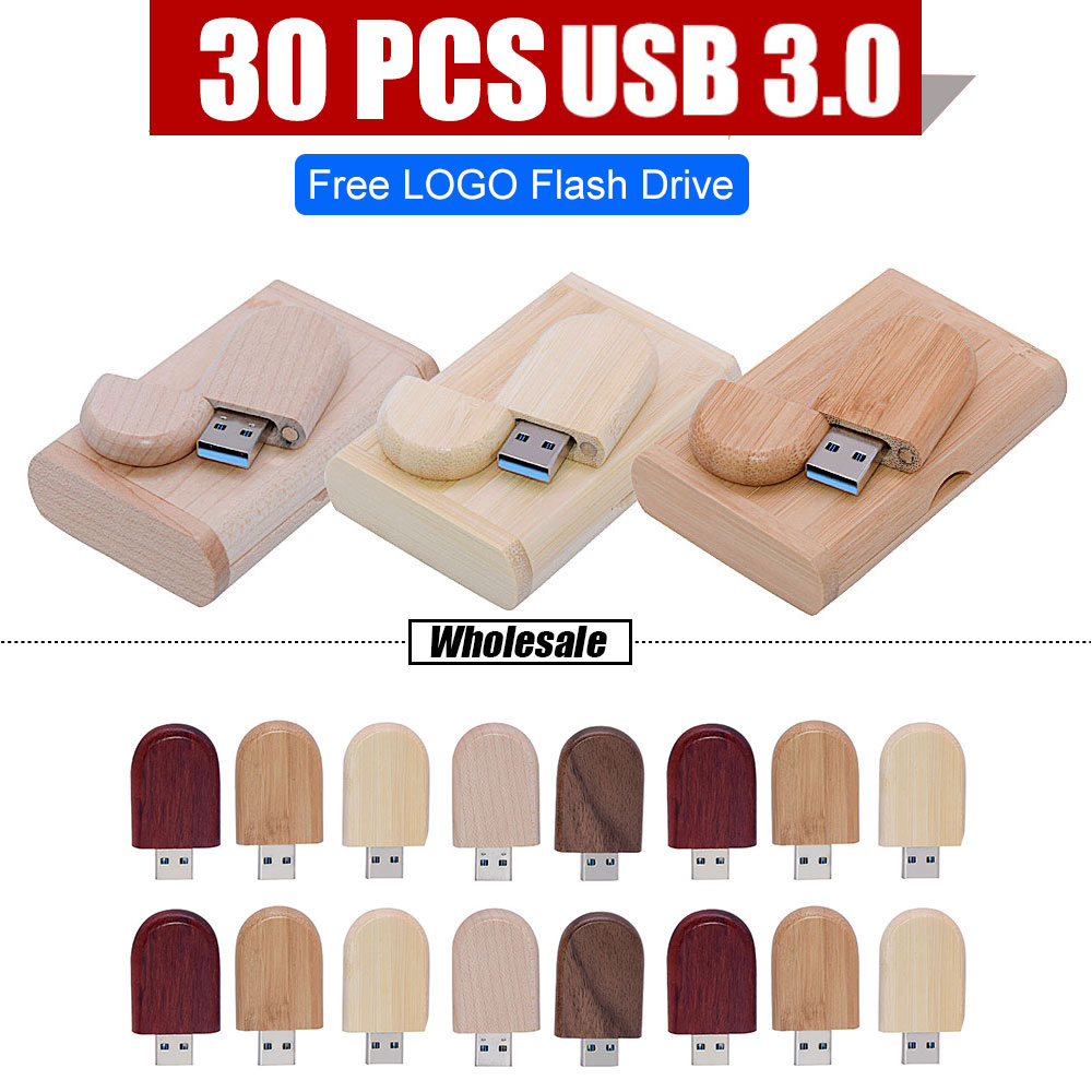 30 個 USB 3.0 木製 USB ボックスペンドライブ 4 ギガバイト 16 ギガバイト 32 ギガバイト 64 ギガバイトの USB フラッシュドライブペンドライブメモリスティックロット無料カスタムロゴ