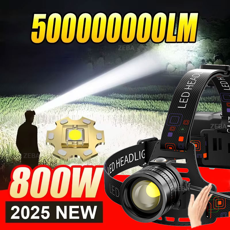 2025 新ハイパワー 800 ワット LED ヘッドライト 500000000LM 超高輝度ズーム防水ヘッドランプ屋外キャンプ作業狩猟ランタン