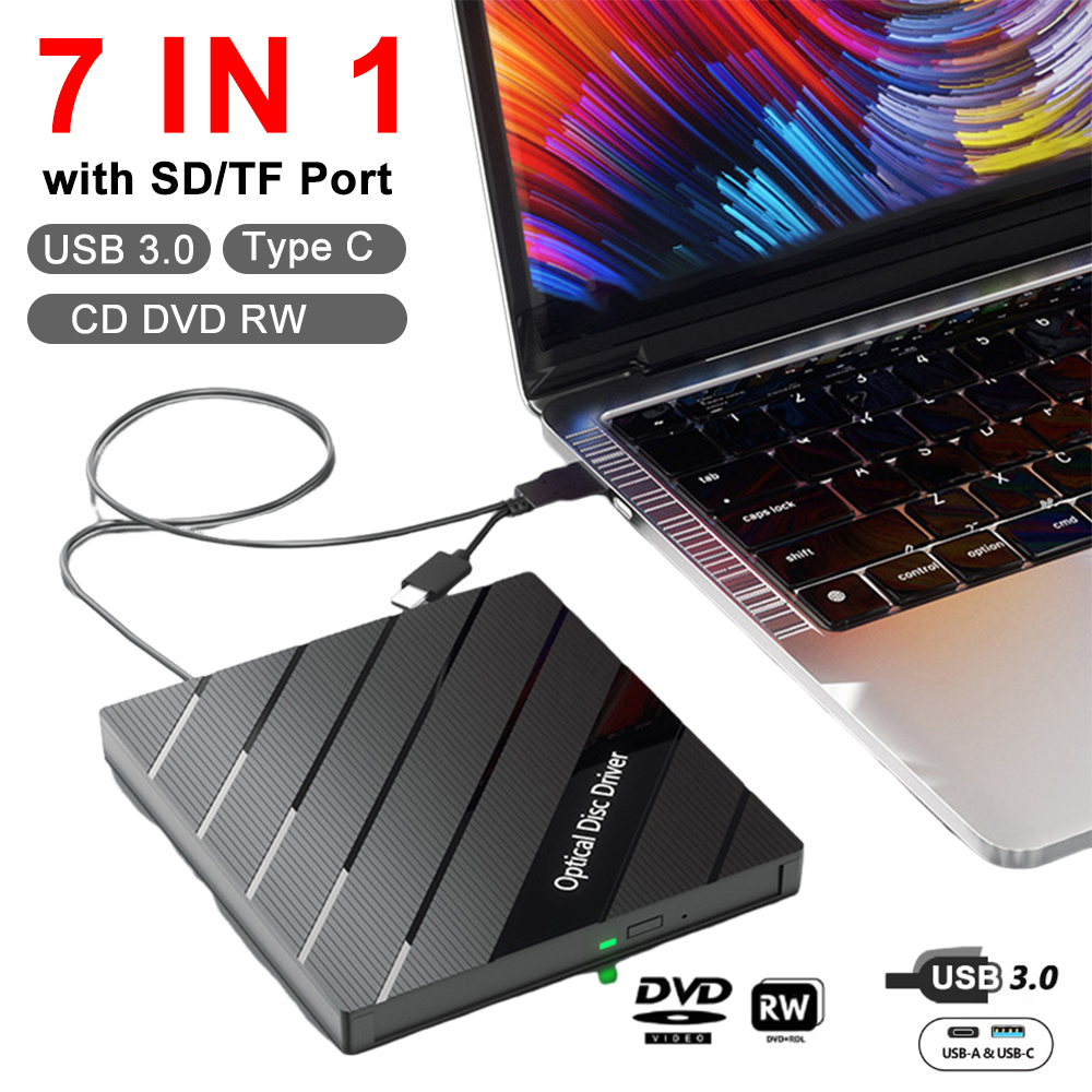 7 in 1 USB 3.0 タイプ C 外部光学ドライブ高速 CD DVD RW DVD プレーヤーバーナーリーダー SD/TF ポート PC ラップトップデスクトップ用