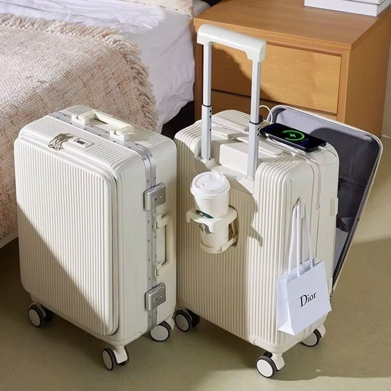 多機能アルミフレームスーツケース、PCフロントオープンプルロッドトラベルケース、パスワードケース、回転ホイール機内持ち込みケース
