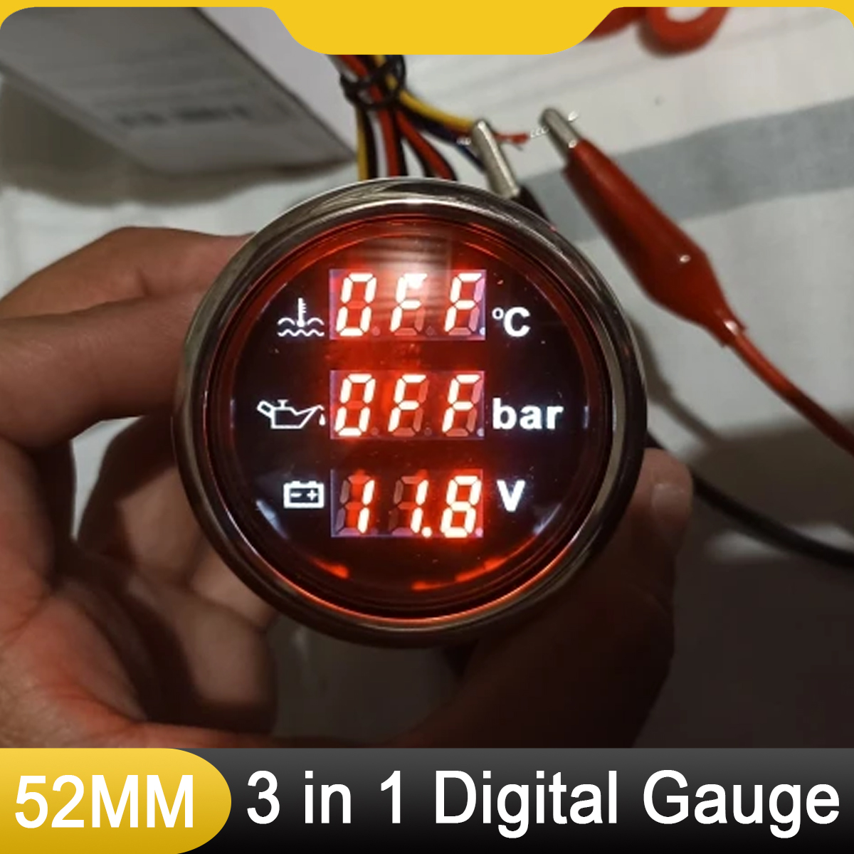 52 ミリメートル 3 in 1 デジタルゲージアラーム付き水温計 0 〜 120 ℃ 油圧計電圧計 0-10 バールオイルプレスゲージ