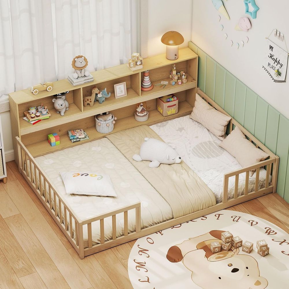 本棚・収納棚付き木製ロフトベッド