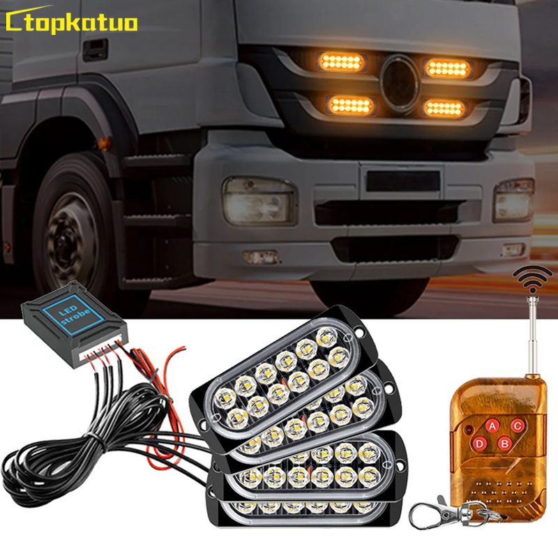 4 で 1 12LED 車緊急ストロボライトグリルフラッシュ LED ライト 12V 24V ワイヤレスリモコントラックトレーラーストロボスコープ