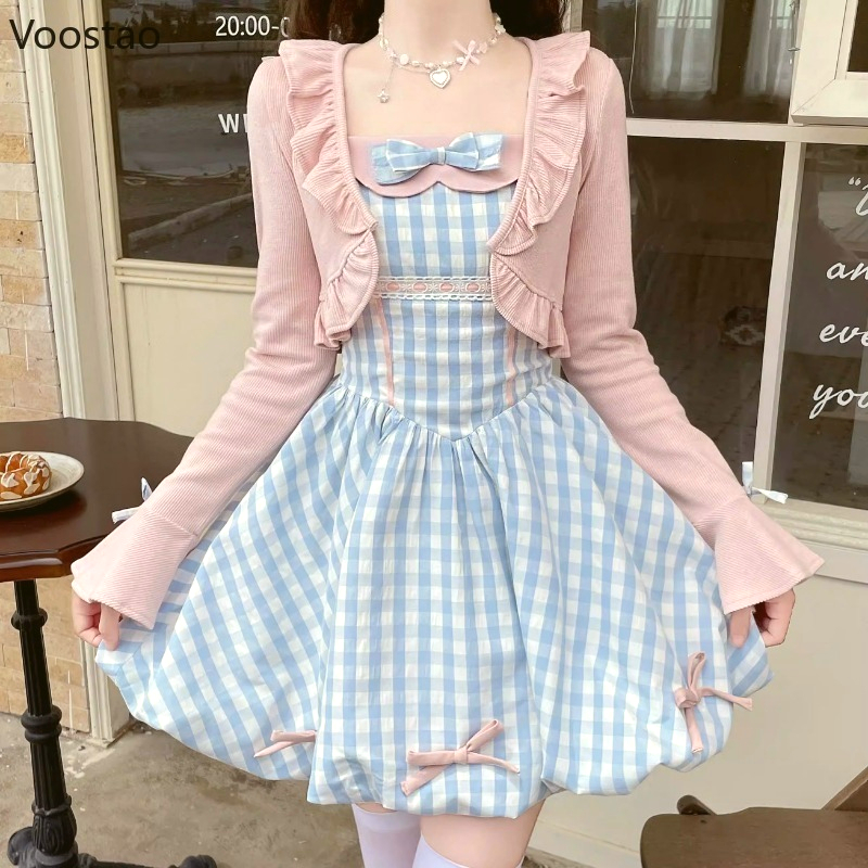 日本のかわいいロリータスタイルドレスセット女性甘い作物カーディガントップス弓チェック柄ストラップドレススーツエレガントな Y2k 2 点セット