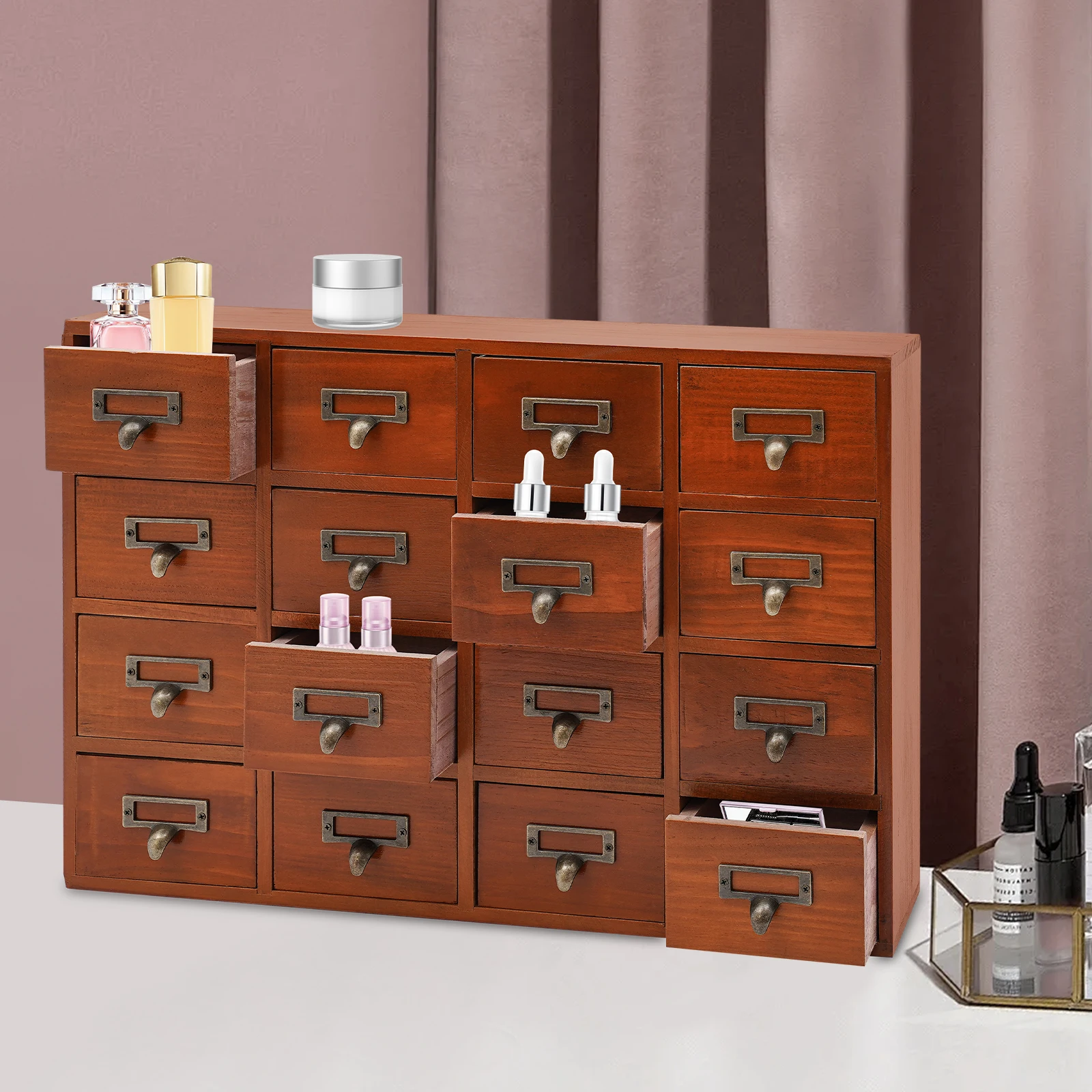 Large 16-Drawer Multifunctional Wooden Storage Box | Vintage Apothecary Cabinet for Home & Office | Rustic Organizer for Jewelry