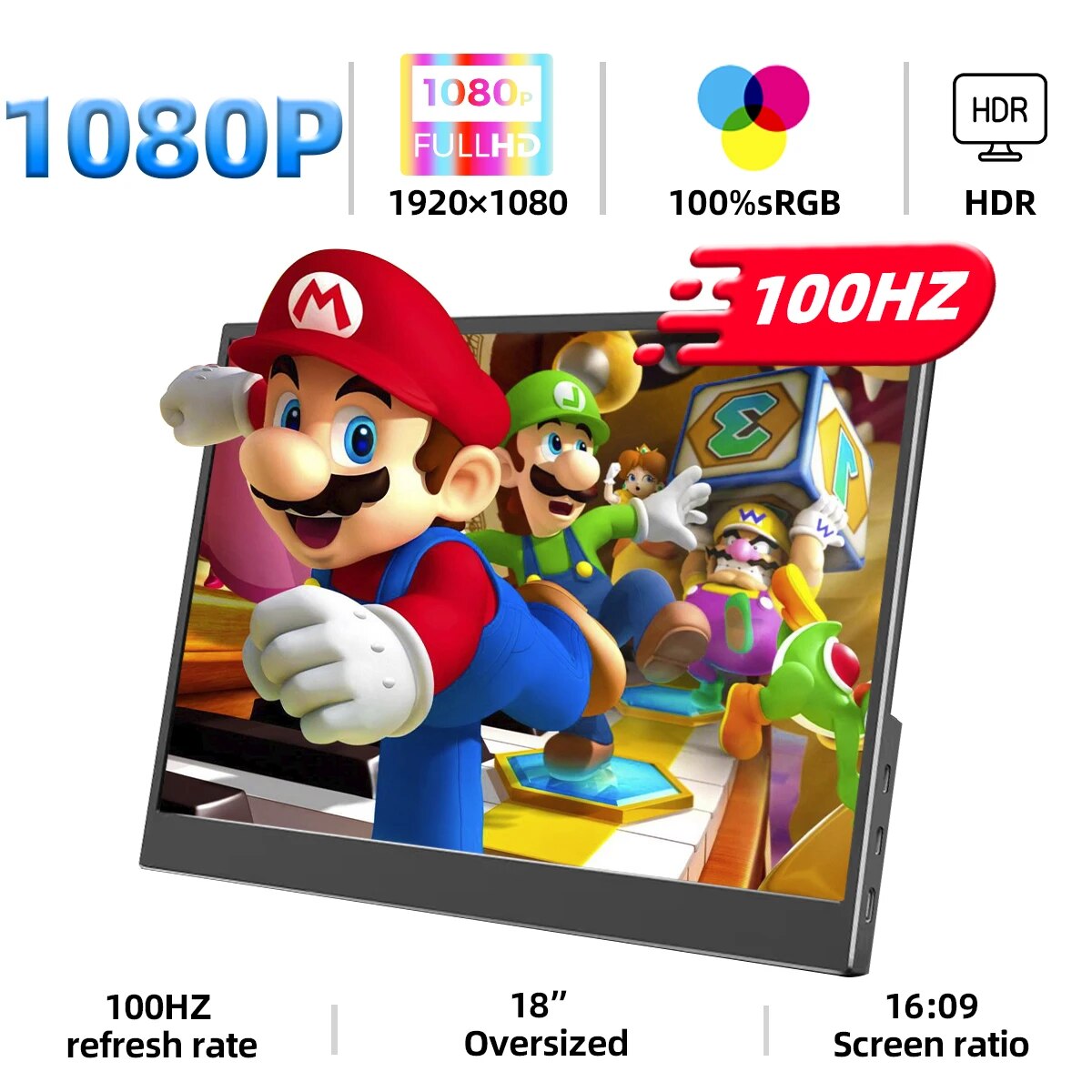 ZSUS 18 インチ 1080P 100Hz ポータブルモニター 16:9 HDR 100%sRGB 350cd /M² XBox PS4 / 5 スイッチ携帯電話 PC ラップトップ拡張用