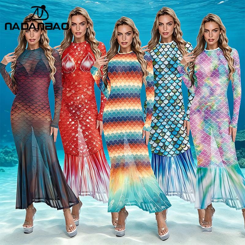 Nadanbao 3D 魚鱗プリント女性のドレスセクシーな長袖メッシュドレス夏のビーチカバーアップハロウィンマーメイドコスプレ衣装