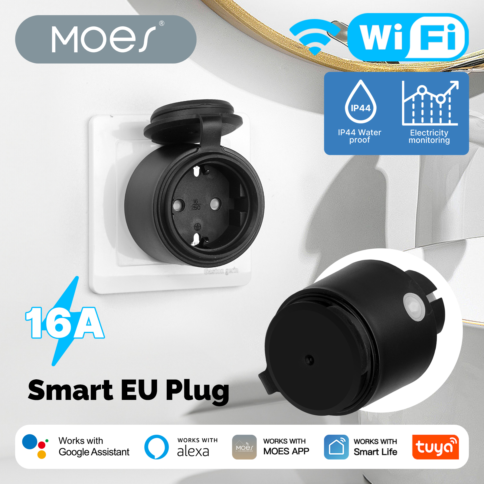 MOES Tuya WiFi スマート EU プラグ 16A ソケットコンセント IP44 防水防塵電源電気モニター Alexa Google ホームで動作します
