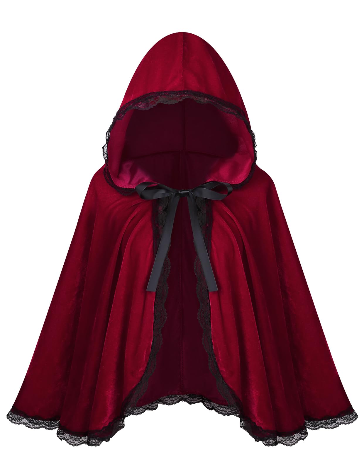 レッドベルベットブラックレースフード付きベルベットケープレディースケープハロウィンクリスマスコスプレパーティーファンシーケープ
