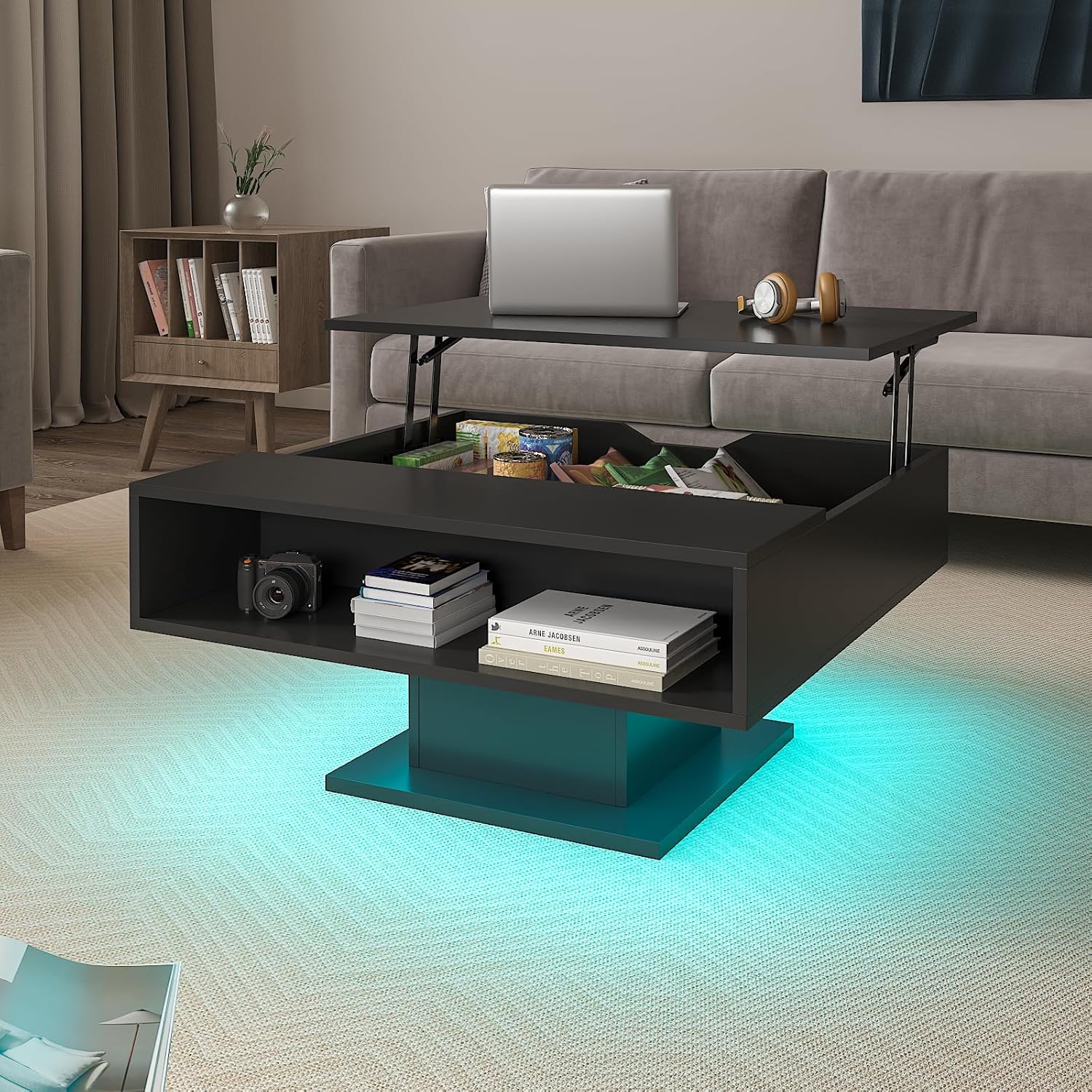 30.7インチ リフトトップコーヒーテーブル LED 隠し収納 木製 リビングルーム ダイニング レセプション、カスタマイズ