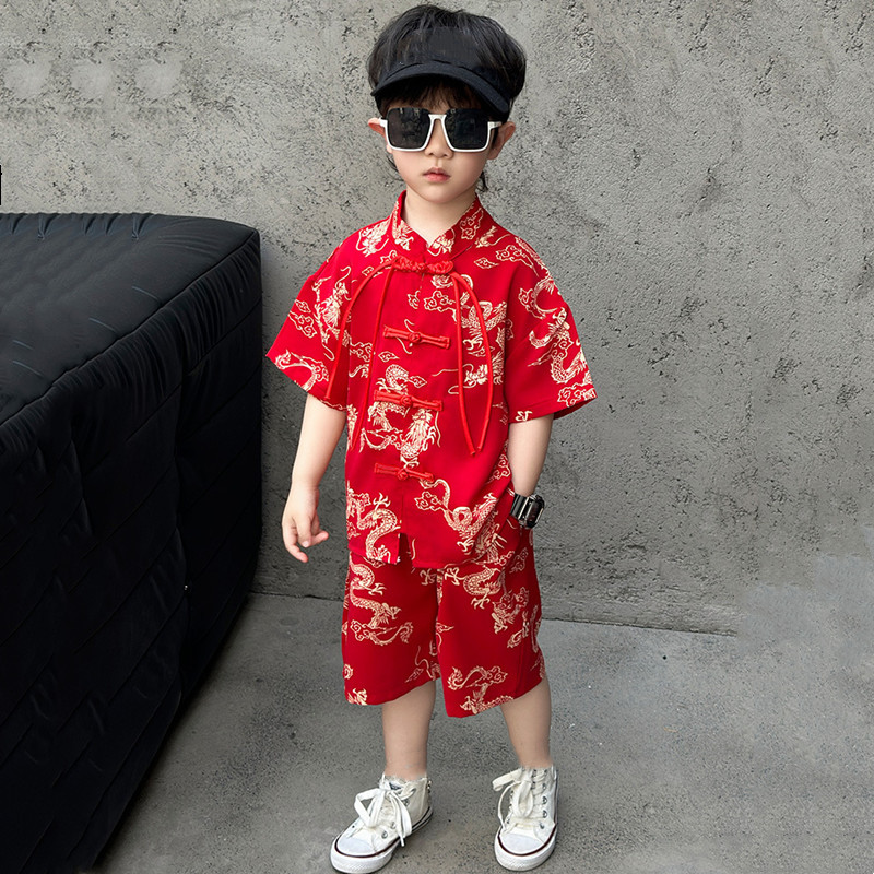 夏半袖ツーピースセット子供服カジュアルボーイ衣装ベビー唐スタイルファッション子供セット韓服スーツ男の子衣装