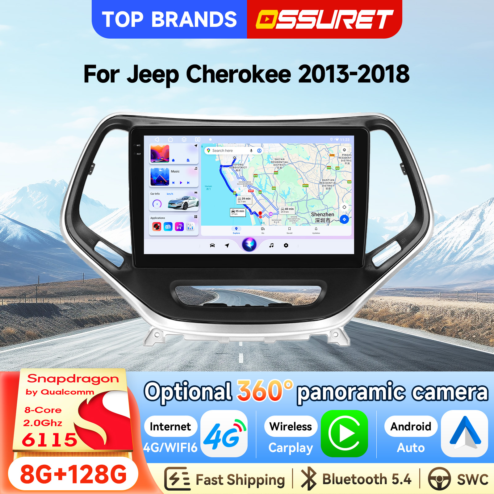 OSSURET Fast Delivery 10.1 Inch 2 Din Android 14 Car Stereo For Jeep Cherokee 2013-2018 by Qualcomm Snapdragon 6115 Octa Core GPS Navigation Bluetooth Handsfree SWC Carplay Android Auto Intelligent To