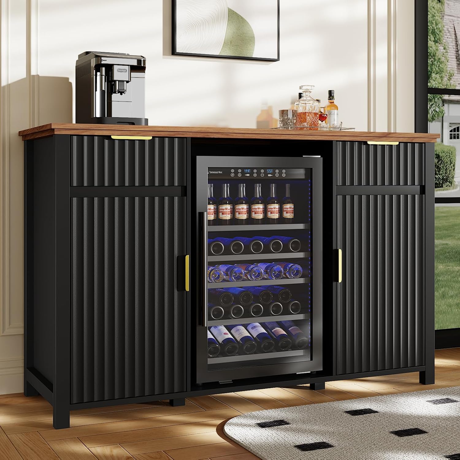 溝付きコーヒーバーキャビネット、ワイン収納、ミニ冷蔵庫スペース付き