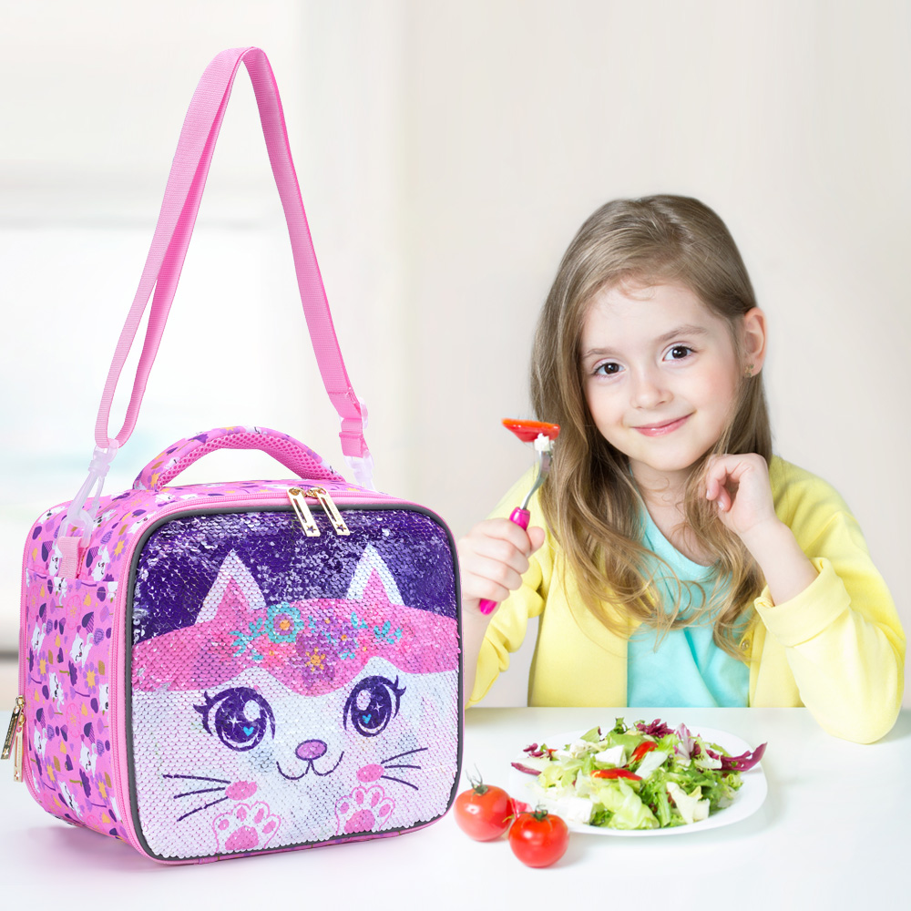 BLING BABIES ランチバッグ 女の子用 かわいい漫画キティ スパンコールデザイン 小学生用ランチボックス 子供用弁当箱