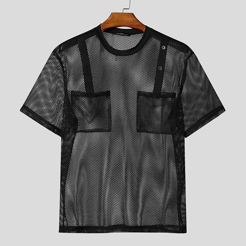 INCERUN 男性 Tシャツメッシュシースルー固体 Tシャツトップス男 O ネック半袖ストリートセクシーなポケット 2026 ファッション男性服