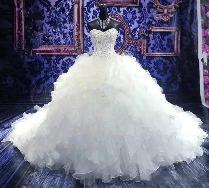 Customized Beaded Embroidery Ball Wedding Dresses Princess Corset Sweetheart Organza Ruffles Cathedral Train Bridal Gowns