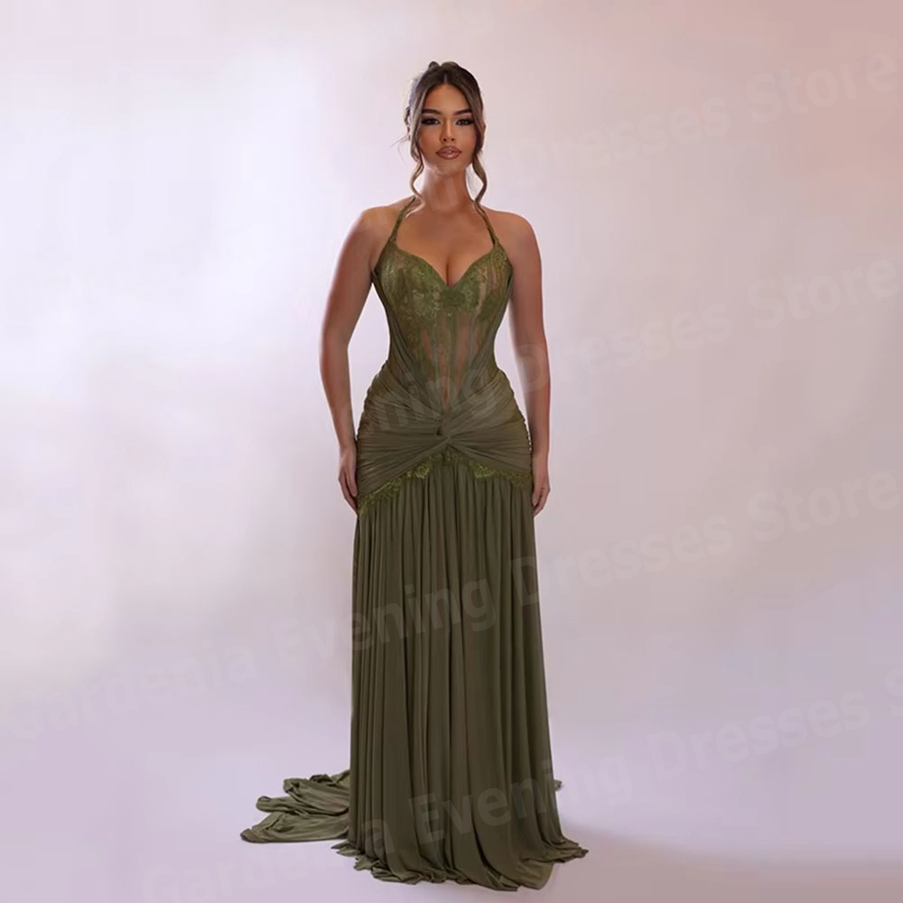 魅力的なマーメイド女性のイブニングドレスホルターネックノースリーブレースウエディングドレス Vestidos パラ Mujer カスタマイズされたローブ · ド · ソワレ