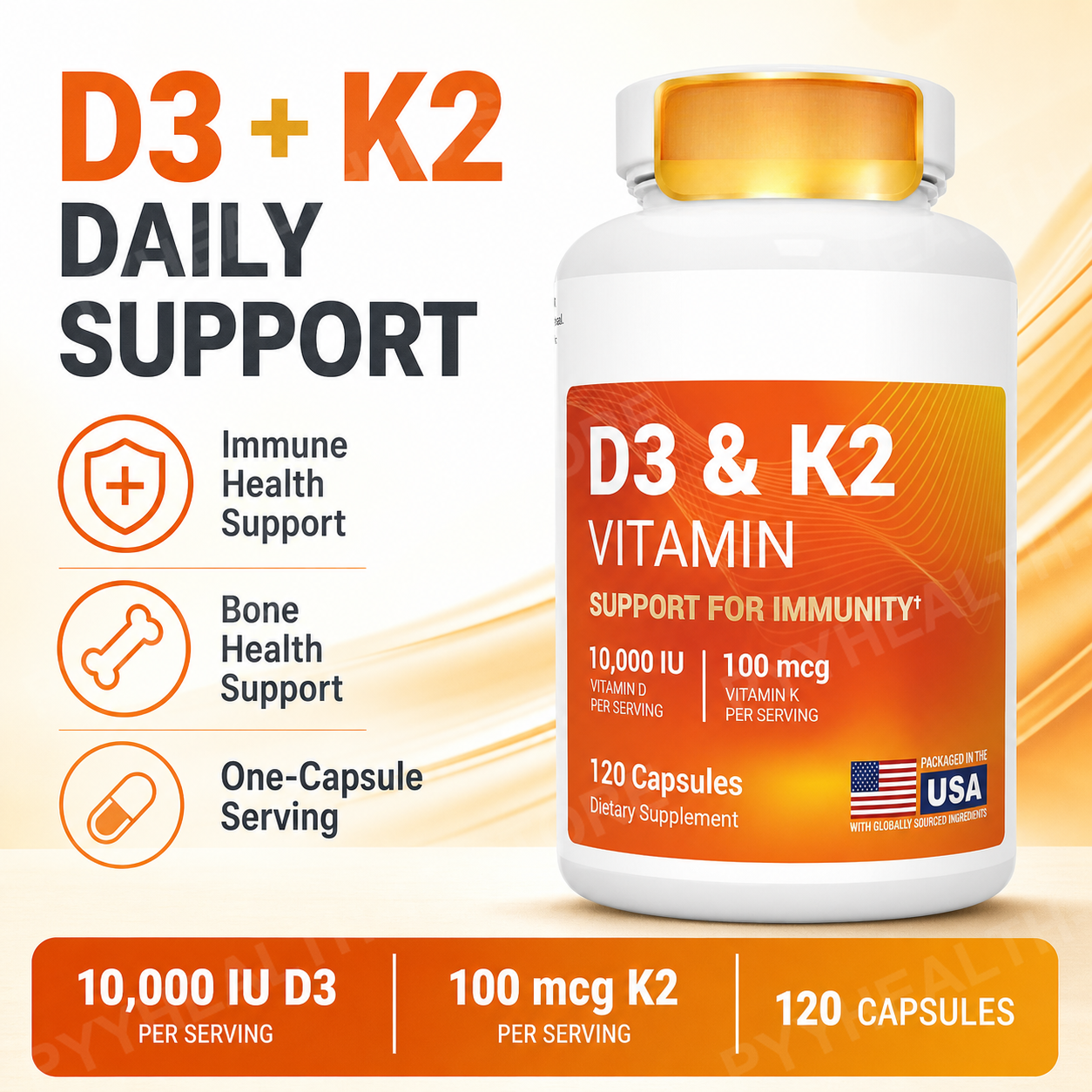 D3 K2 MK-7 ビタミン サプリメント カプセル、マグネシウム亜鉛 B6 および MCT パウダー入り、120 カウント、成人の毎日のウェルネス サポート