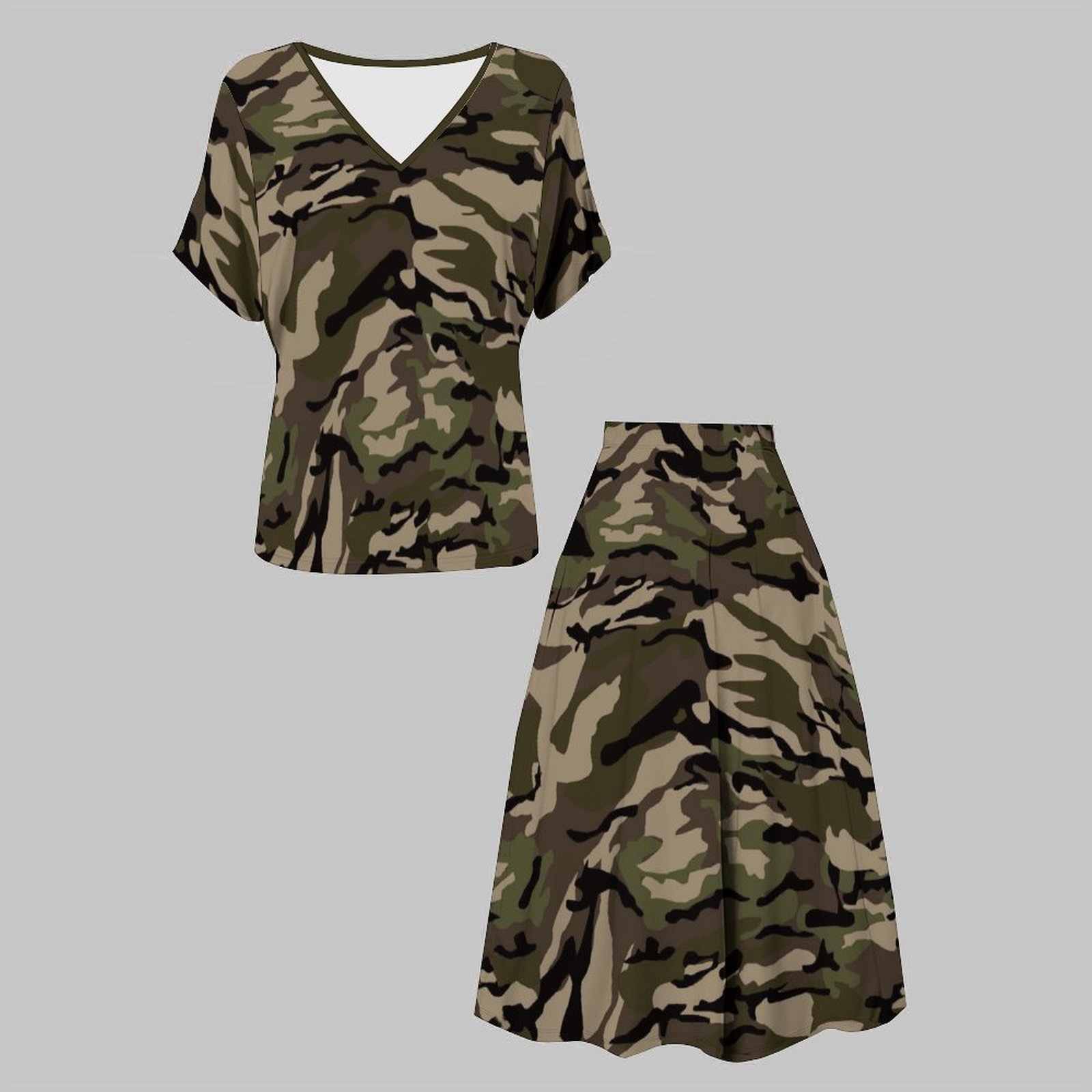 Retro Print Short-sleeved Sexy V-neck Top Women's Elegant Mid-length Skirt Everyday Skirt Set Elegant Two-Piece Set