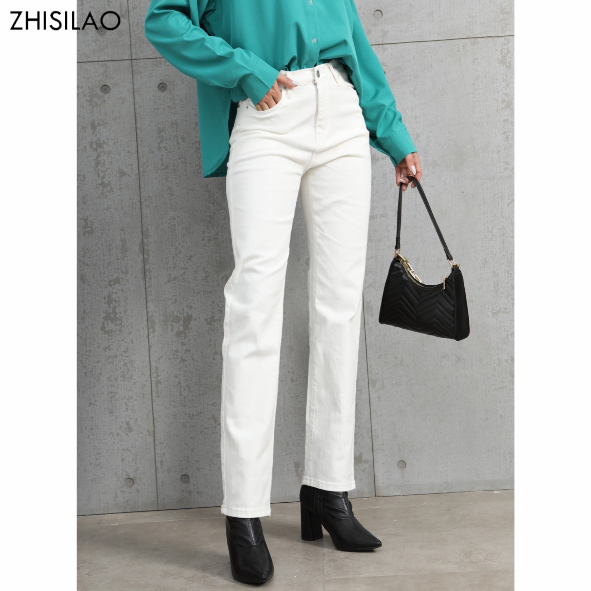 ZHISILAO ホワイトジーンズ女性ヴィンテージストレッチハイウエストストレートワイドレッグデニムパンツ秋 2021 ジーンズストリート