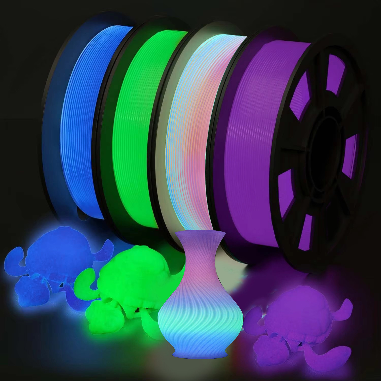 暗闇で光るフィラメント マルチカラー、グリーン、ブルー、パープル、レインボー、PLA フィラメント 1.75 mm、3D プリンター フィラメント バンドル