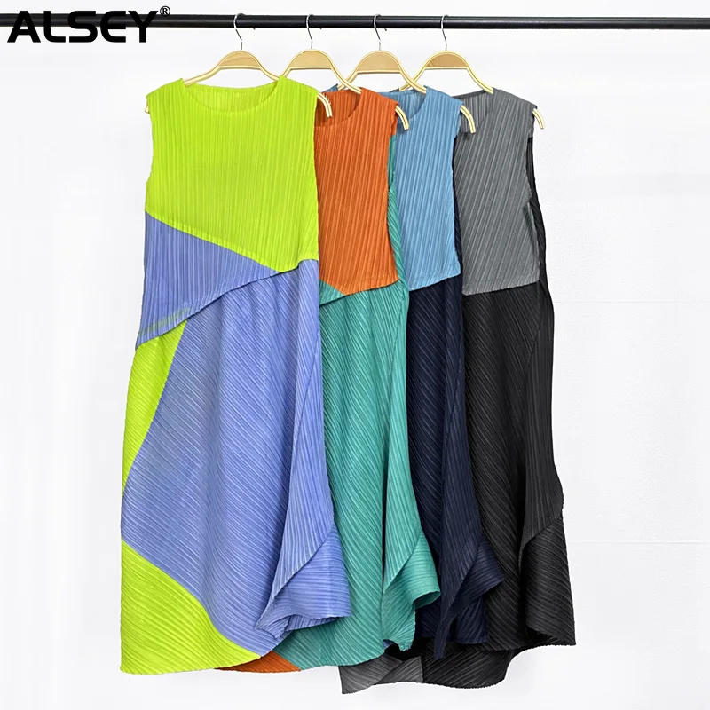 ALSEY Miyake Pleated Round Neck Sleeveless Dress Summer New Color Collision High Waist Splicing Loose Irregular Long Dress Women