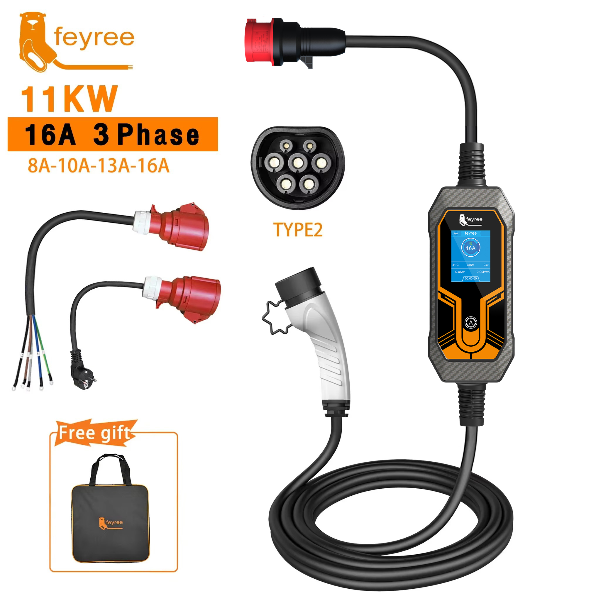 Feyree EV 充電器ポータブル Type2 11KW 16A 3 相 EVSE 充電ボックス電流調整可能な CEE オスプラグ電気自動車の充電器