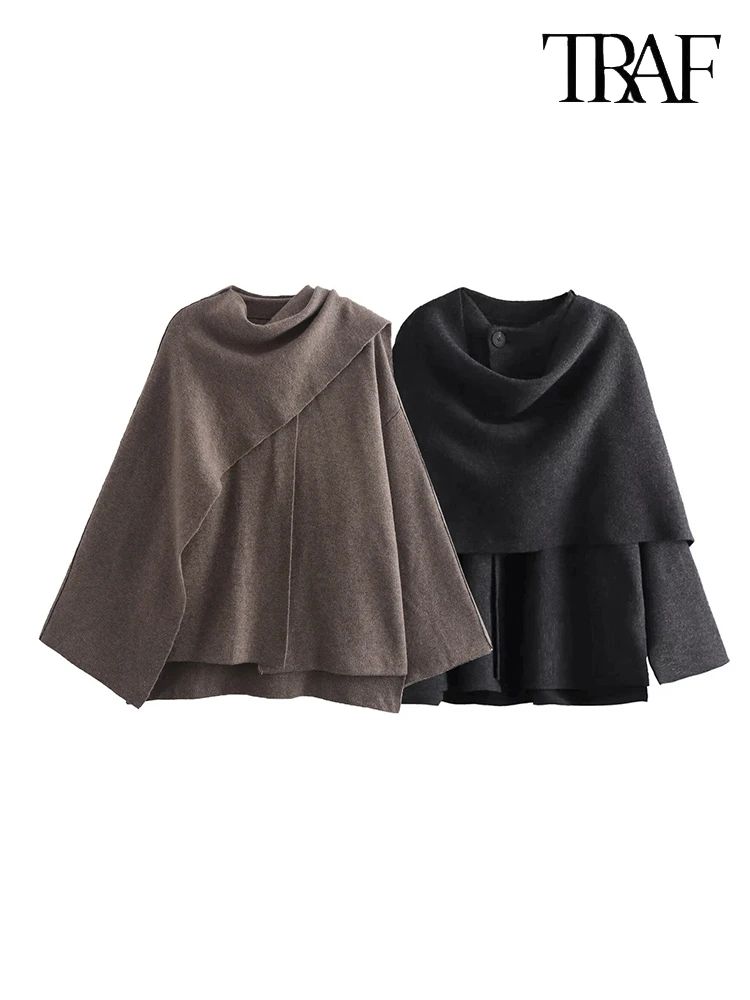 TRAF 女性のファッション秋冬シックなスカーフジャケット長袖ニット非対称ジャケットセクシーなスプリットヘムルーズショートジャケット