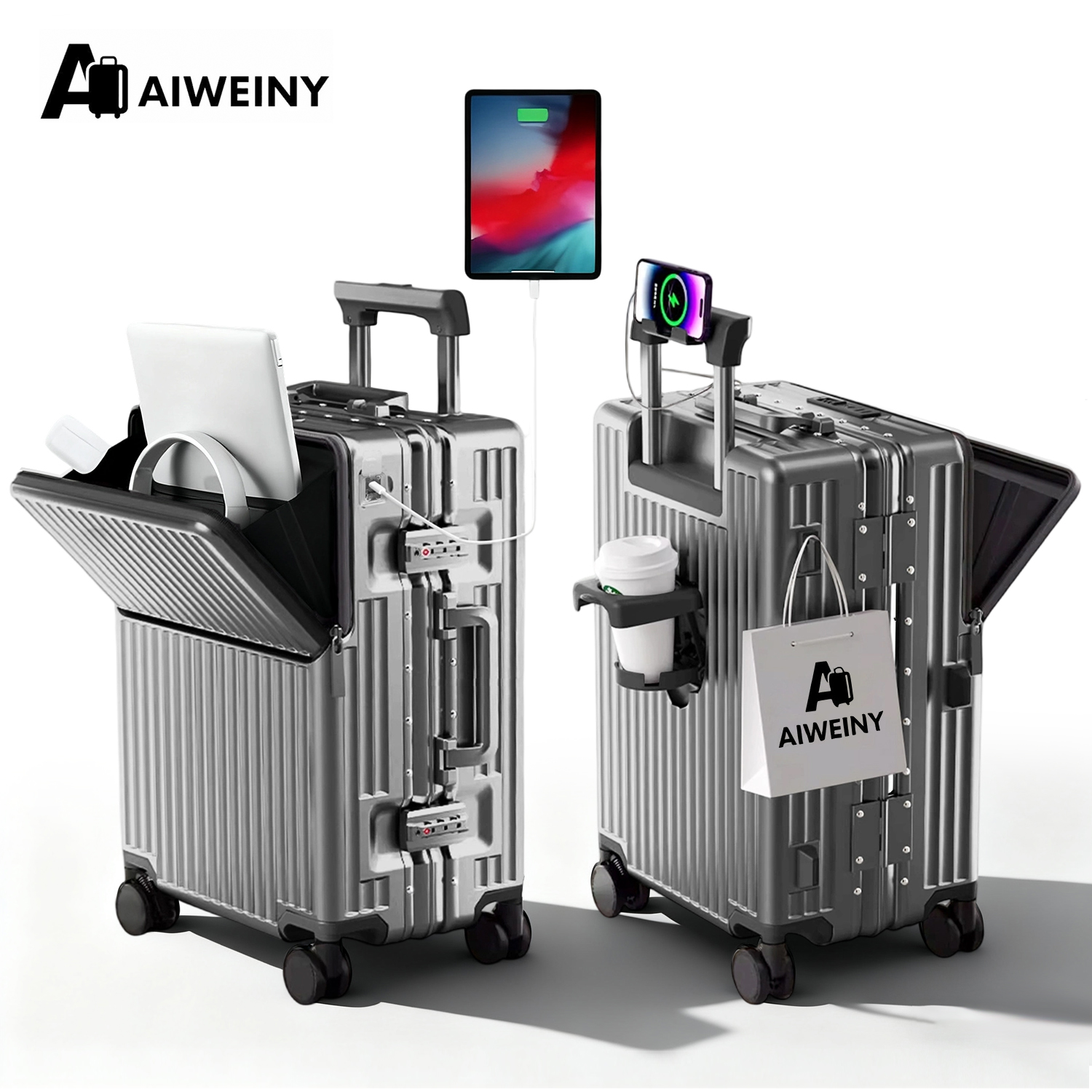 AIWEINY 軽量アルミフレームハードシェル荷物 360 サイレントスピナーホイール TSA ロック 20/24/27 インチ機内持ち込み/旅行スーツケース