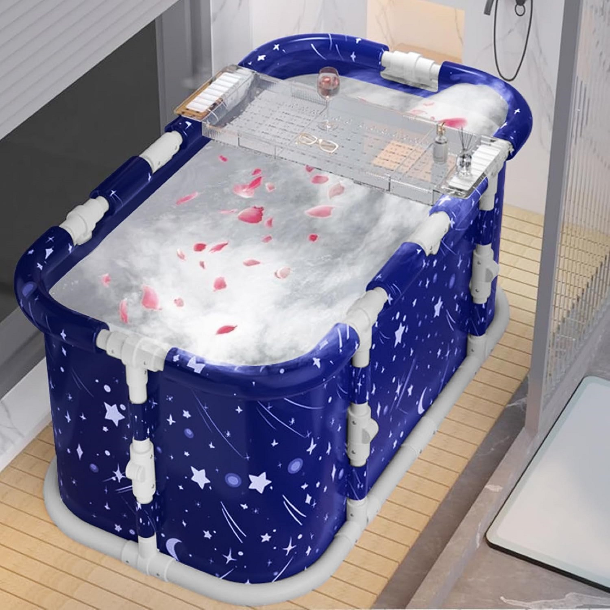 スターリーブルー 特大折りたたみ式大人用バスタブ プラスチックフレーム付き 自立式折りたたみ式ファミリースパ シャワー用浴槽