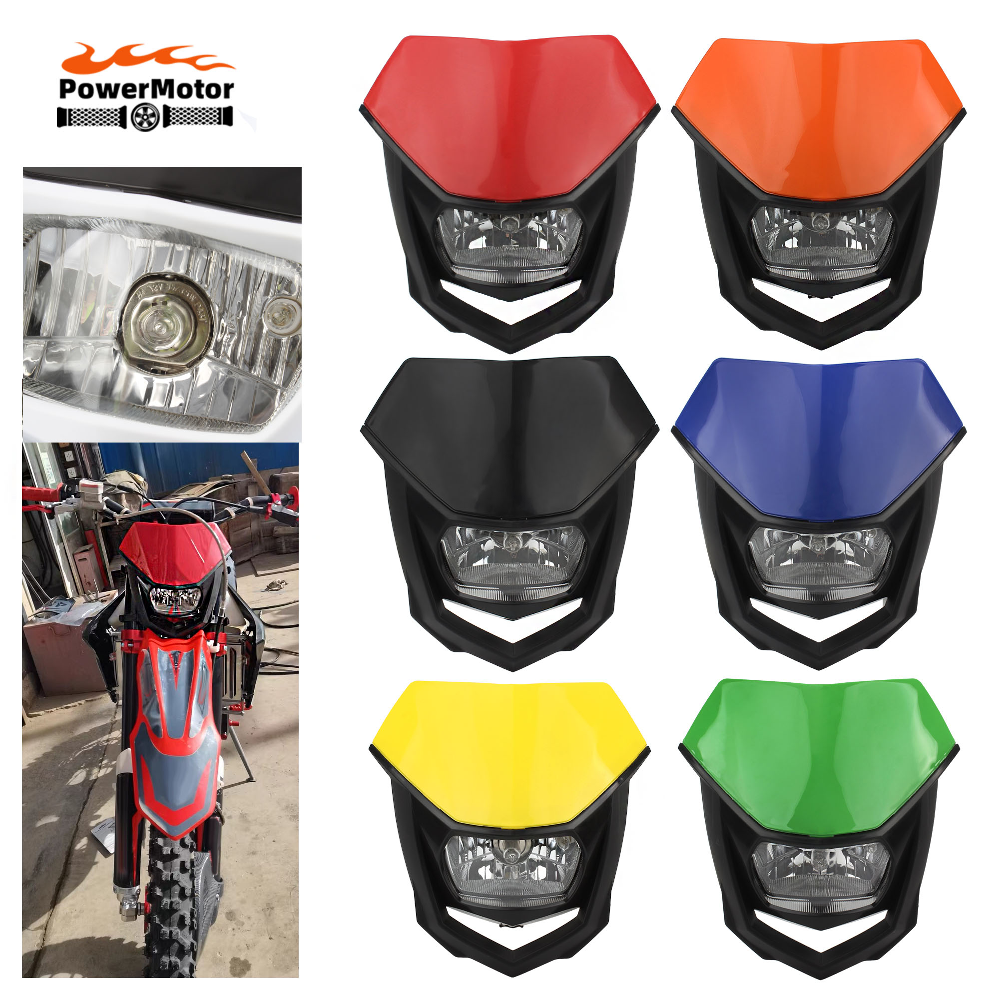 オートバイダートバイクハロゲンヘッドライトプレートホンダカワサキヤマハモトユニバーサルアクセサリーヘッドライトエンデューロヘッドランプ