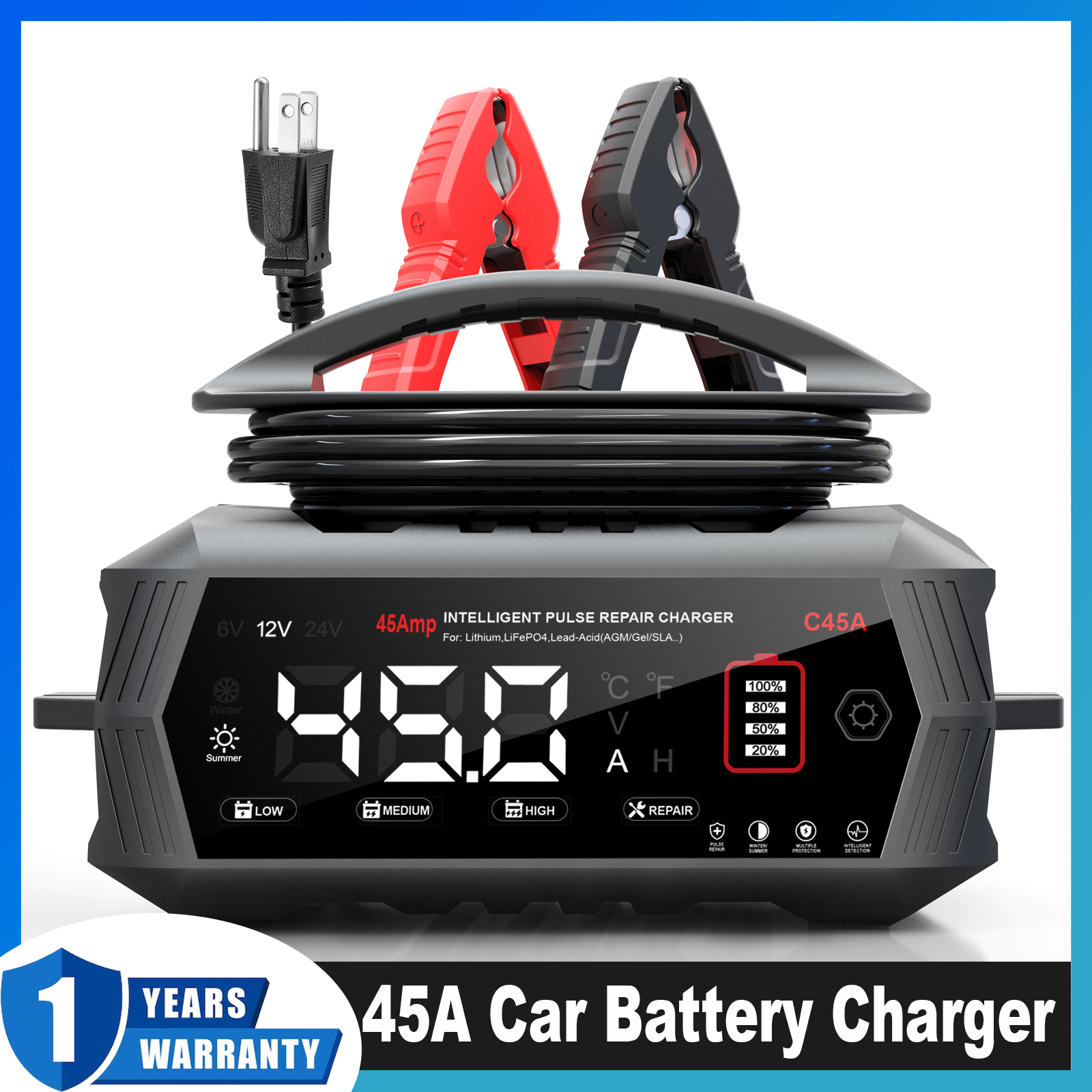 New 45A 6V/12V/24V Portable Car Battery Charger for Auto Motor Lithium LiFePO4 Lead-acid AGM WET 9-Stage Smart Charge Maintainer