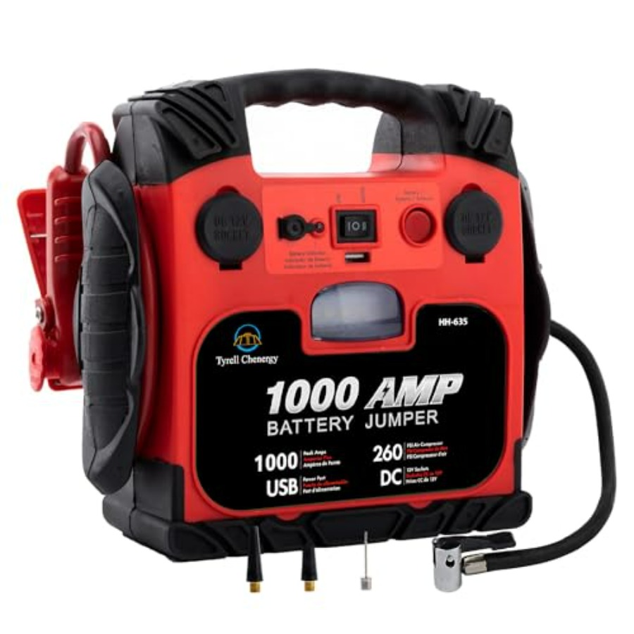 ポータブルカーバッテリージャンプスターター エアコンプレッサー付き 260PSI 1000Amp 12V DC アウトレット USB ポート LED ライト 5L ガスまたは 5L ディーゼル用 B