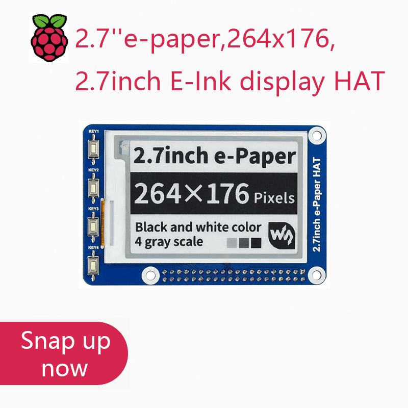 Waveshare 2.7 インチ電子ペーパー、264x176、Raspberry Pi 2B/3B/Zero/Zero W 用 2.7 インチ E-Ink ディスプレイ HAT、カラー: ブラック、ホワイト、SPI インターフェイス
