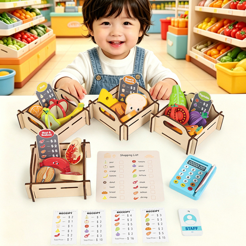 木製スーパーマーケットごっこ遊びセット、子供向けシミュレーション果物野菜レジおもちゃ、モンテッソーリ教育ロールプレイギフト