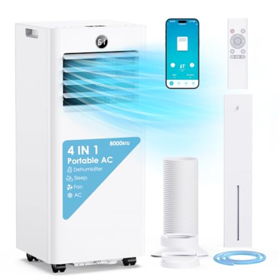 ポータブルエアコン 8,000 BTU、Wi-Fi/アプリ制御付きの静かなエアコンユニット、ドライ、ファン、クール、スリープモード 4-IN-1 AC U