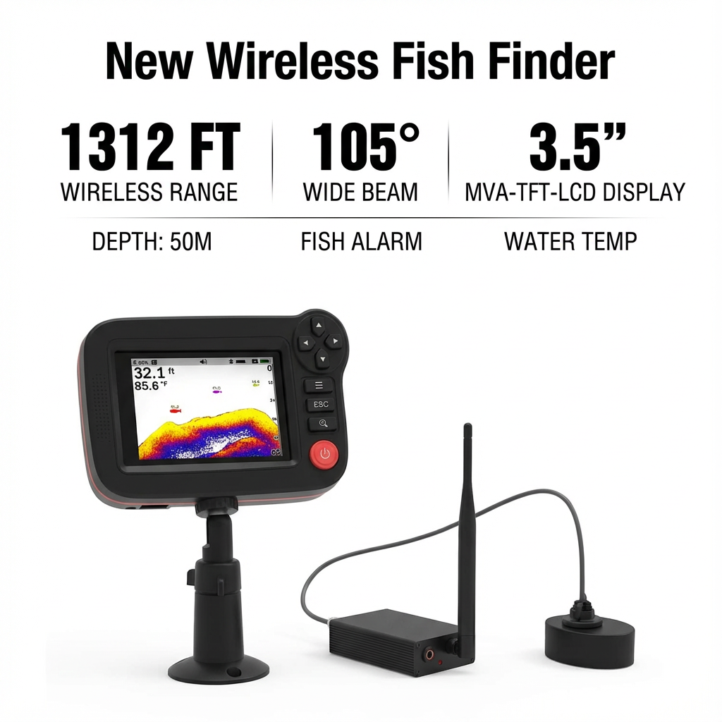 PUPOPAN 新しいワイヤレス魚群探知機漁船用 1312 フィート範囲 105 度ワイヤレス動作範囲釣り魚群探知機