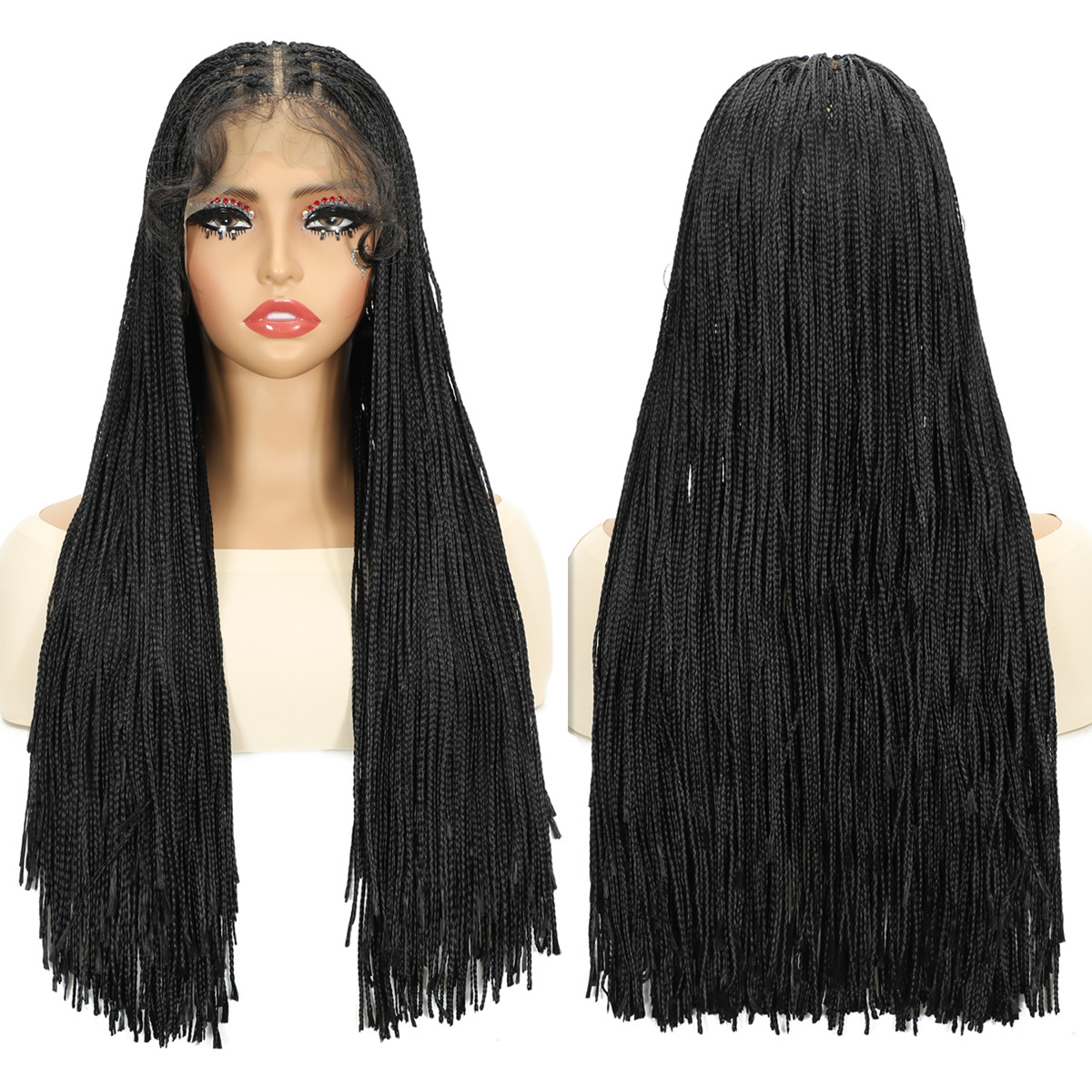 フルレース編み込みウィッグ ベビーヘア付き 合成黒ウィッグ 女性用 グルーレスウィッグ かぎ針編み編み髪 日常使いに