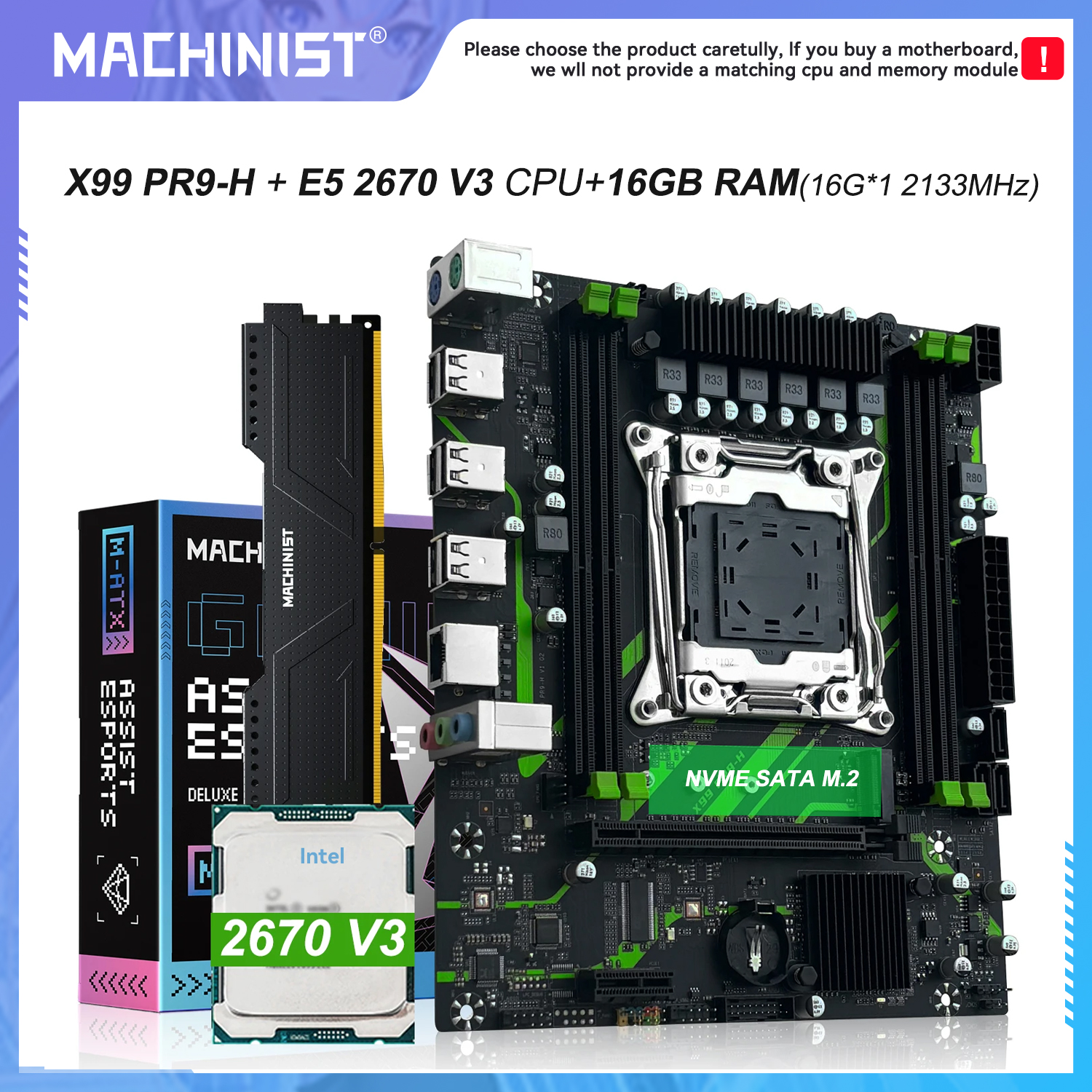 PR9-H MACHINIST X99 マザーボード LGA 2011-3 セットコンボオプション Xeon E5 2670 V3 CPU プロセッサ 16G DDR4 ECC RAM メモリ名 M.2