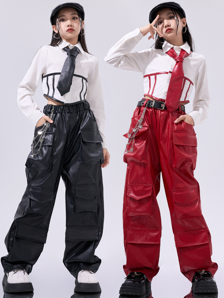 女の子ヒップホップクロップトップ Pu レザーカーゴパンツ子供の制服衣装子供ストリートジャズ K-POP ストリートダンス服セット