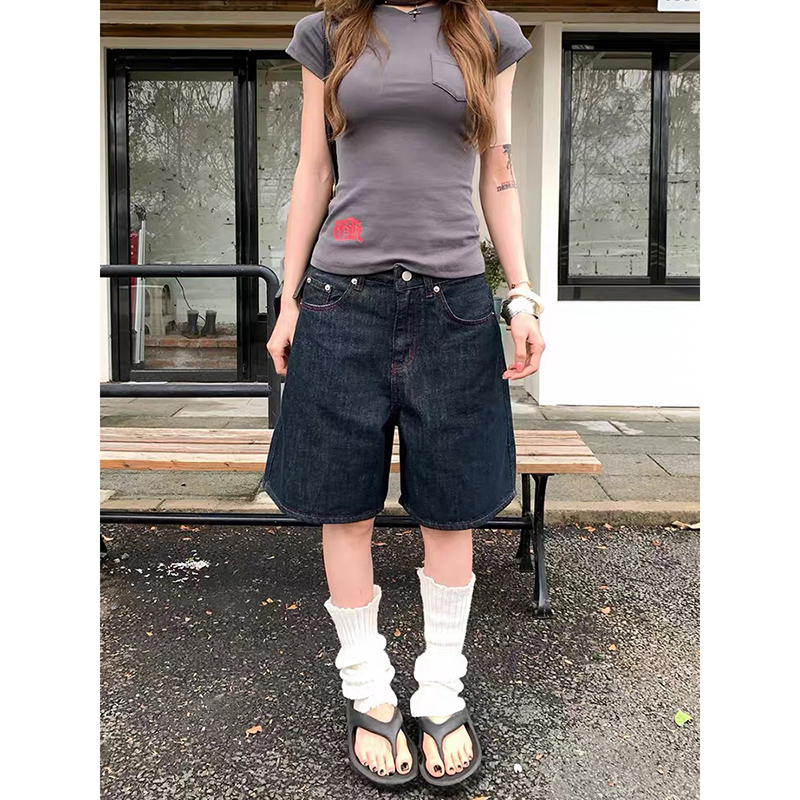 YIBASHU 夏の女性のアメリカンレトロ Jorts パンクジーンズショートパンツ黒 Y2K 2000 年代原宿デニムふくらはぎ丈パンツ日本のハイストリート